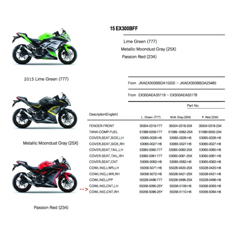 Левый центральный обтекатель Kawasaki Ninja 300